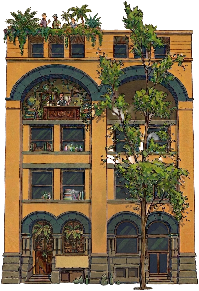 Illustration of the building at 199 Clarence St, with a rooftop garden and arched windows