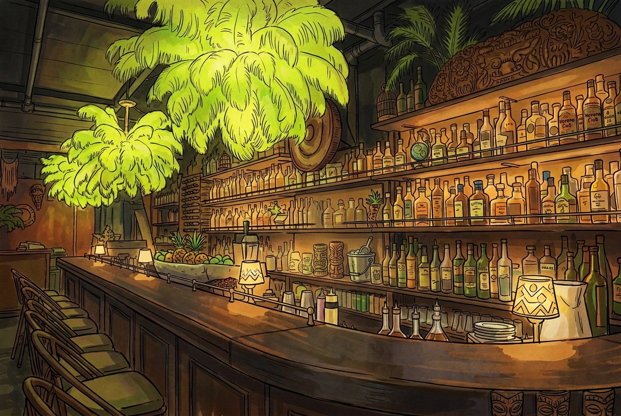 Illustration of the Old Love's bar: a curved timber bar with lamps, tiki mugs and shelves of rum bottles under glowing green feather lights