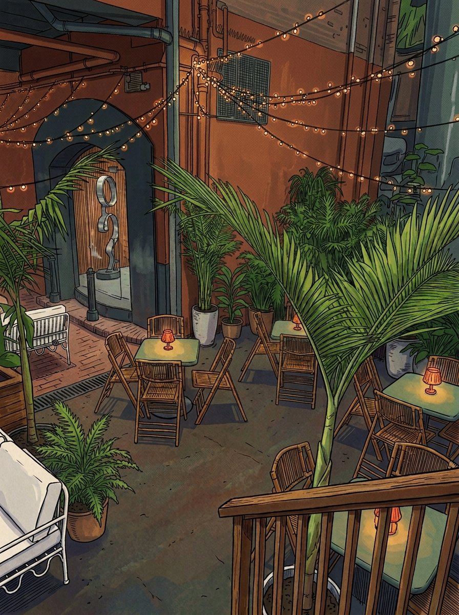 Illustration of the outdoor courtyard: cane chairs and small tables with lamps among palms and potted plants, under strings of lights