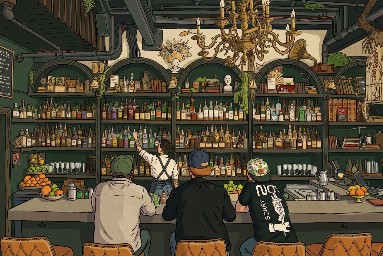 Illustration of the Level 4 bar: a bartender reaching for a bottle from the arched back bar while three guests sit at the counter, under a brass chandelier