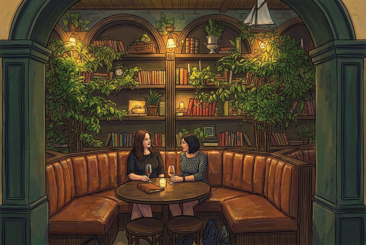 Illustration of two friends sharing a glass of wine in a leather booth, surrounded by plants and bookshelves under a green archway