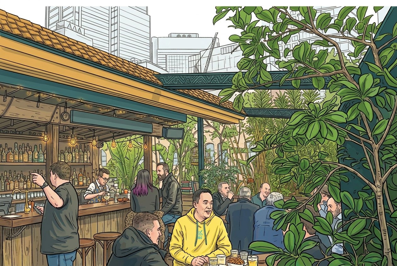 Illustration of the rooftop bar: a timber bar under a tiled roof with string lights, guests at tables among leafy plants, and city towers behind
