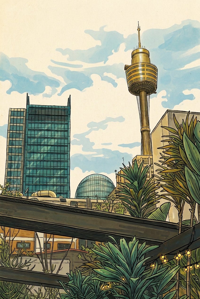 Illustration of the Sydney skyline seen from the rooftop through palms, with the Sydney Tower and city buildings under a painted sky